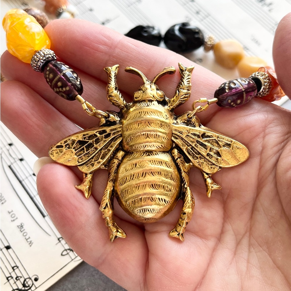 Gold and Yellow Bee Necklace with Intricate Detailing